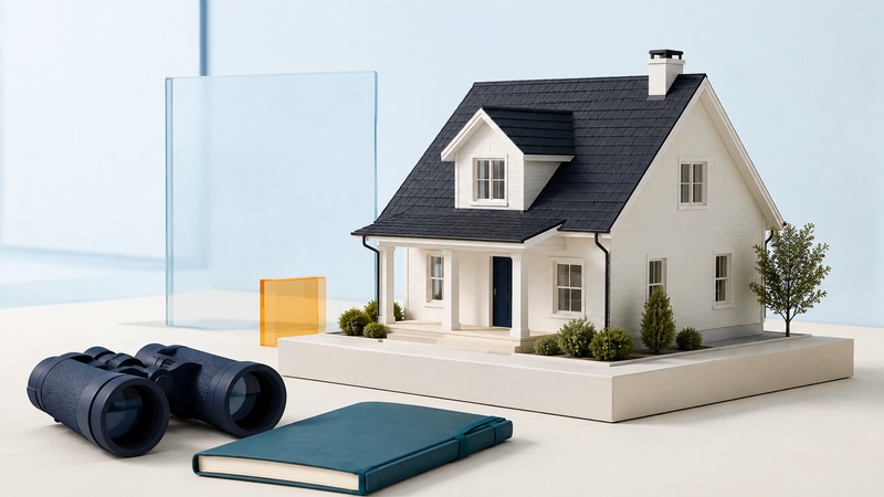 Navy binoculars and a teal notebook sit beside an ivory house model with a charcoal shingle roof.