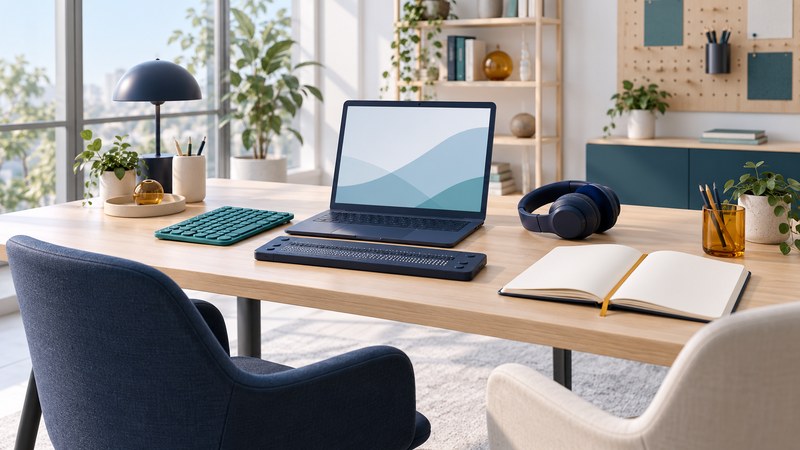 A laptop, braille display, keyboard, headphones and notebook form a quiet learning station with two chairs.