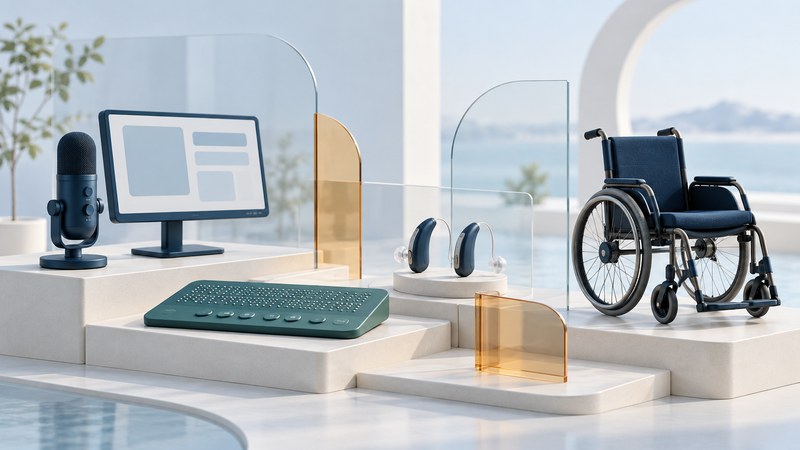 A microphone, monitor, tactile panel, hearing aids and miniature wheelchair represent different access tools.