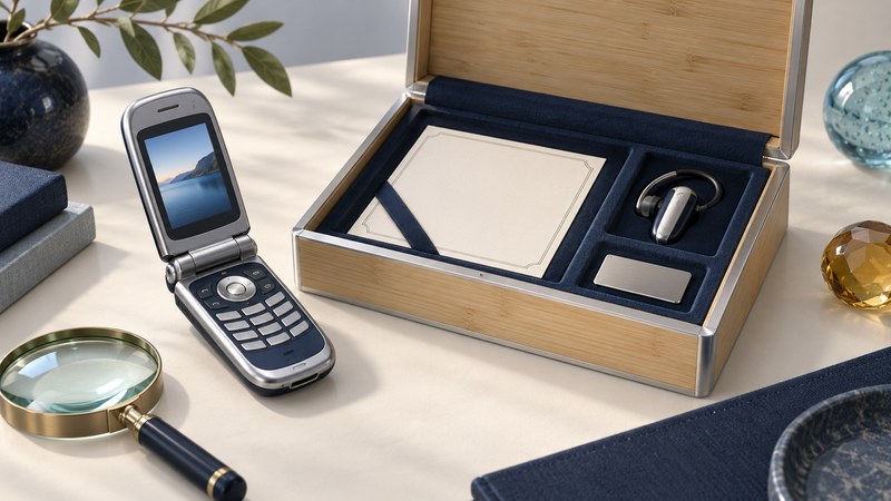 Conceptual clamshell phone beside a presentation box, blank certificate, earpiece, and magnifying glass.