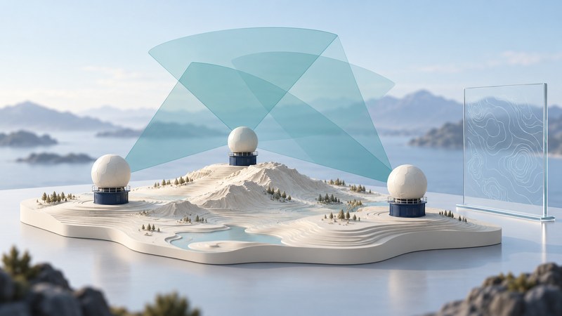 Three ivory radar radomes surround miniature terrain with overlapping translucent teal sensing shapes.