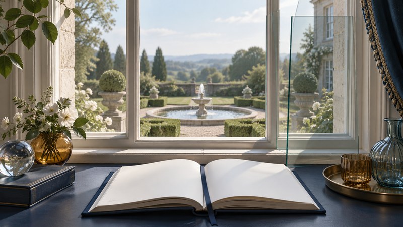 An open navy-bound book below a window overlooking a garden fountain, with offset glass panes.