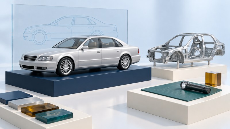 An ivory sedan model stands beside a separate body-shell exhibit, a flashlight and an inspection record.