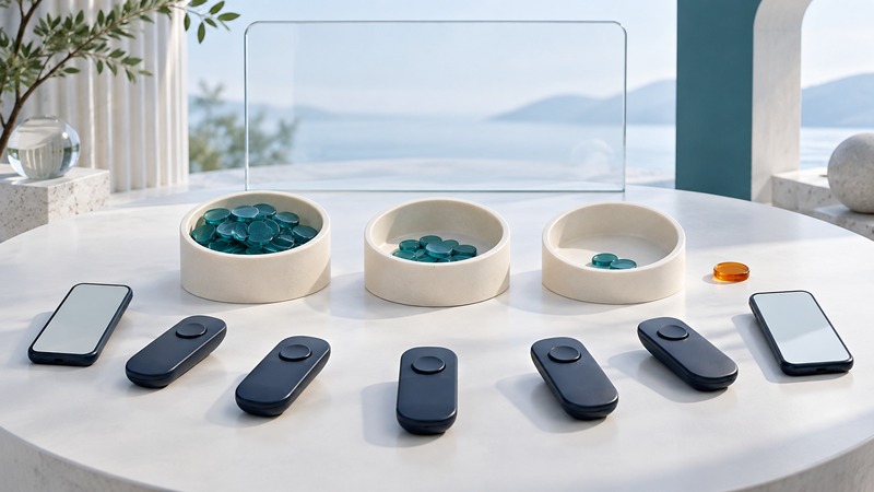 Response handsets and two phones face three bowls of teal tokens with one amber token set aside.