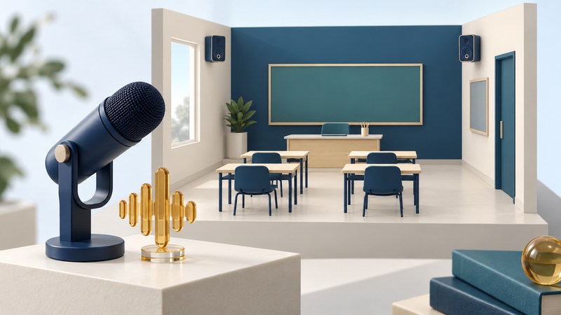 A conceptual classroom model with wall speakers beside an oversized microphone and amber sound-wave shape.