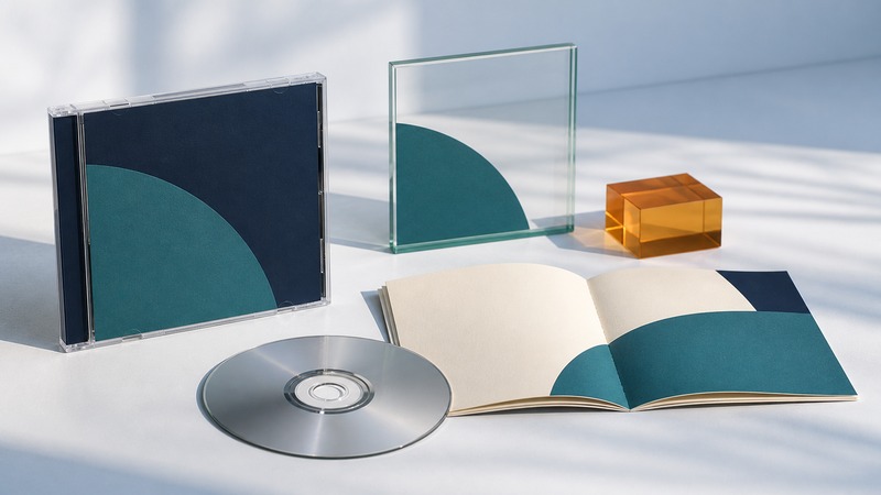 Transparent CD jewel case, silver disc, open booklet, and glass square carry a simple navy and teal design.