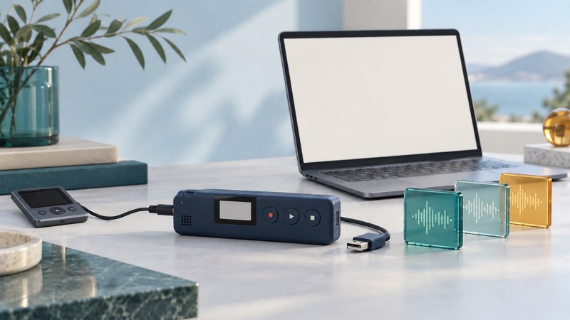 A conceptual flash recorder connected to a portable audio source beside a laptop and glass sound tiles.