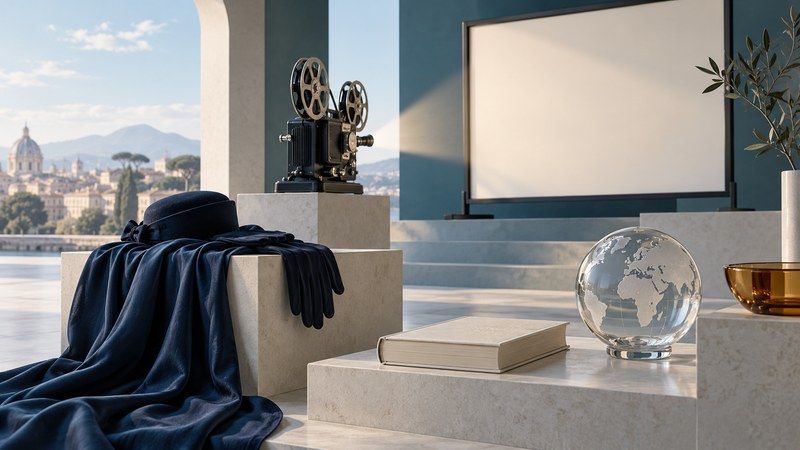 A cinema projector, navy costume fabric, a blank book and a glass globe on ivory platforms.