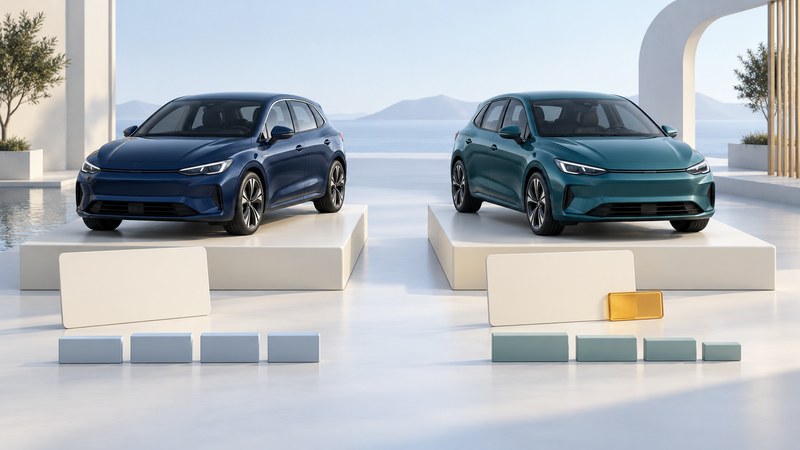 Navy and teal car models stand on separate platforms above blank offer cards and payment blocks.