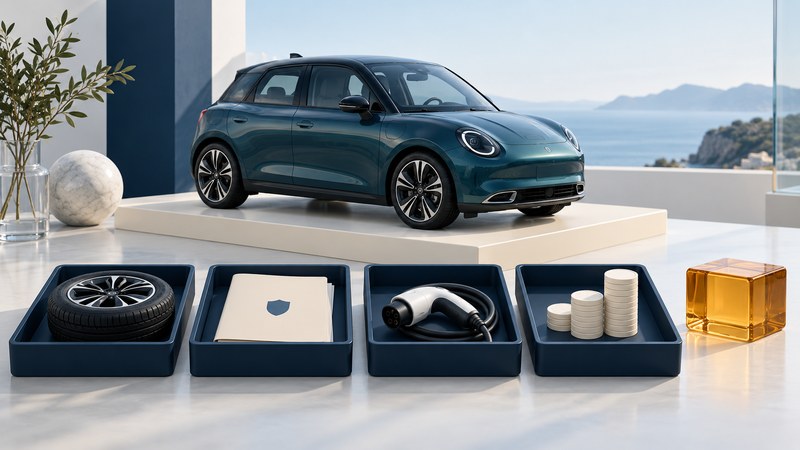 A teal compact car sits behind trays for a tire, insurance folder, charging plug and cost reserves.