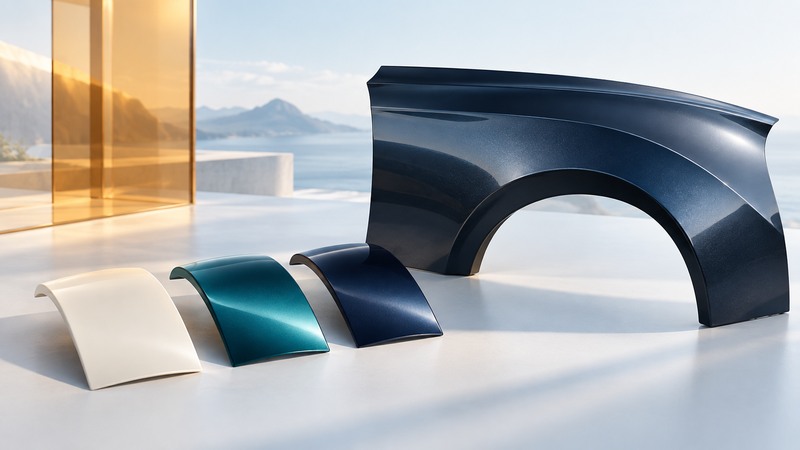 Ivory, teal and navy automotive paint samples beside a curved body panel and amber light filter.