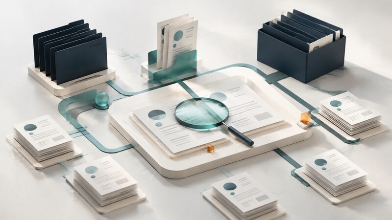 A magnifying glass rests over matching documents connected to organized folders by teal paths.