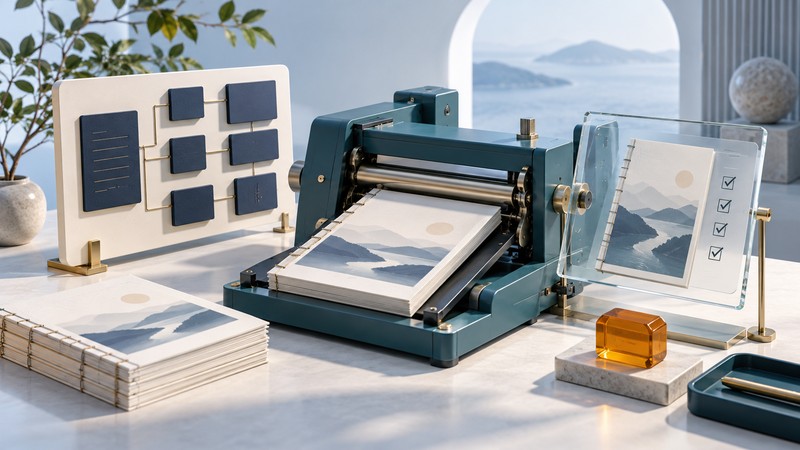 A source-definition board and teal publishing frame stand beside a reference booklet, glass inspection panel and amber revision marker.