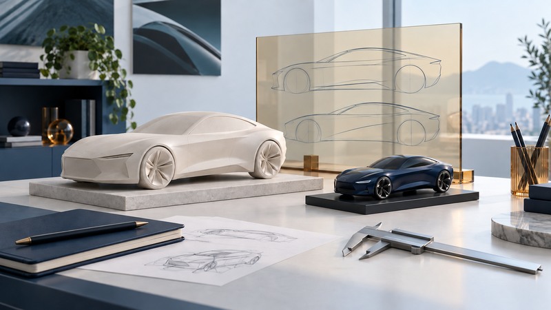 Concept-car models and an unlabelled profile drawing on a calm design-studio workbench.