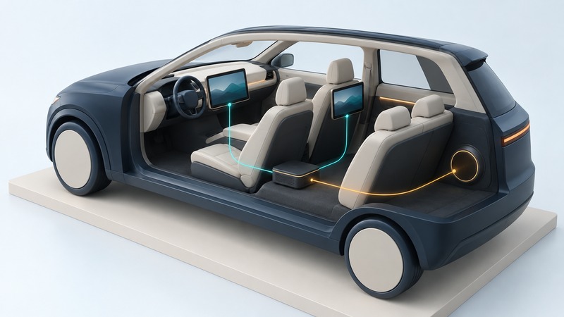 A cutaway cabin with two screens and a speaker linked by conceptual light paths through a network module.