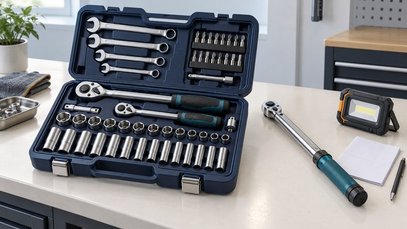 Illustration of an organized socket and wrench set with a separate torque wrench and work light.