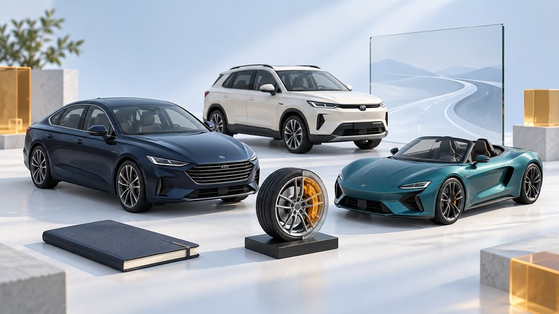 Illustrated automotive study gallery with sedan, utility vehicle and sports-car models beside a wheel sample and service notebook.