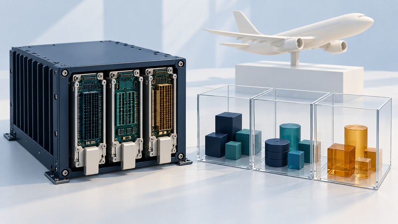 An avionics enclosure with separate glass compartments stands beside a small aircraft model.