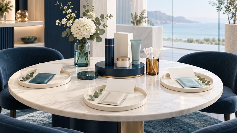 Three individual place settings with sealed sample packets around a central display of closed beauty products.