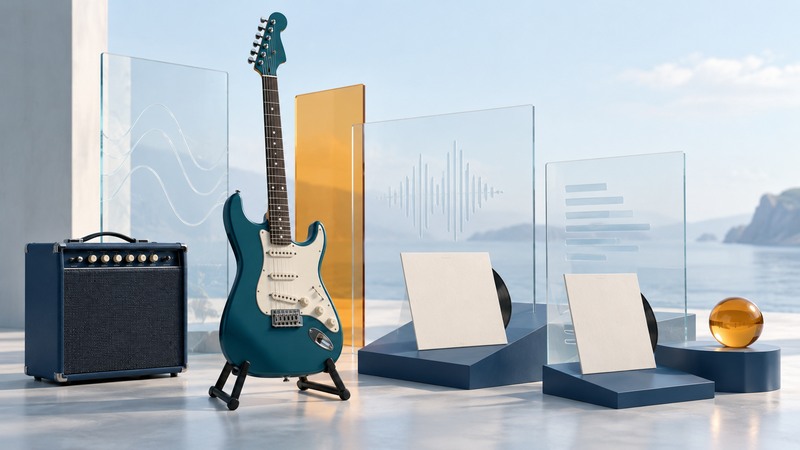 Teal electric guitar and navy amplifier beside ivory record sleeves and translucent glass panels.