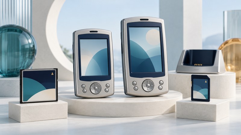 Two stylized Pocket PC handhelds stand beside CompactFlash and SD cards and a cradle.