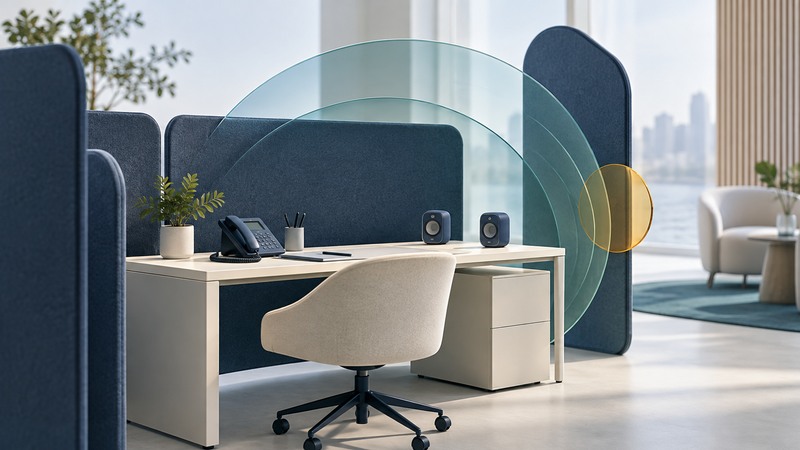 A desk telephone and small speakers surrounded by acoustic partitions and conceptual translucent sound arcs.