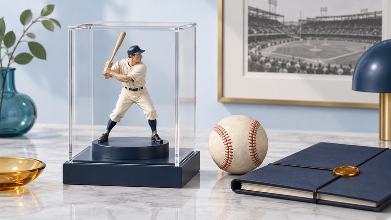 A generic baseball-player miniature in a clear display case beside a baseball and provenance folder.