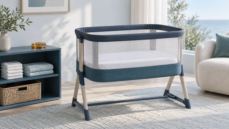 An empty bassinet with a fitted sheet beside an organized shelf of newborn-care supplies.