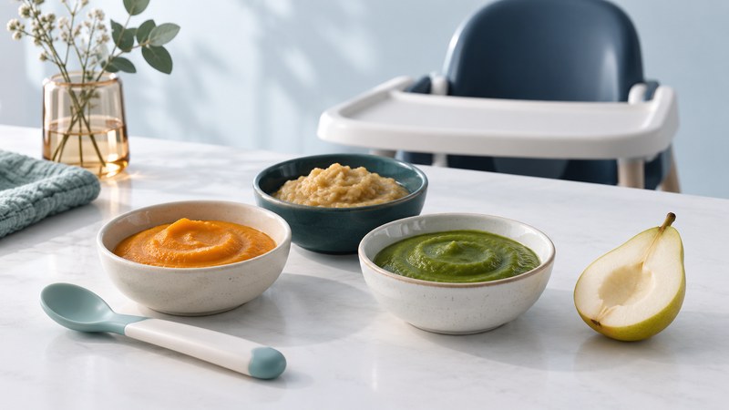 Bowls of soft purees and mashed food with an infant spoon and an empty high chair behind them.