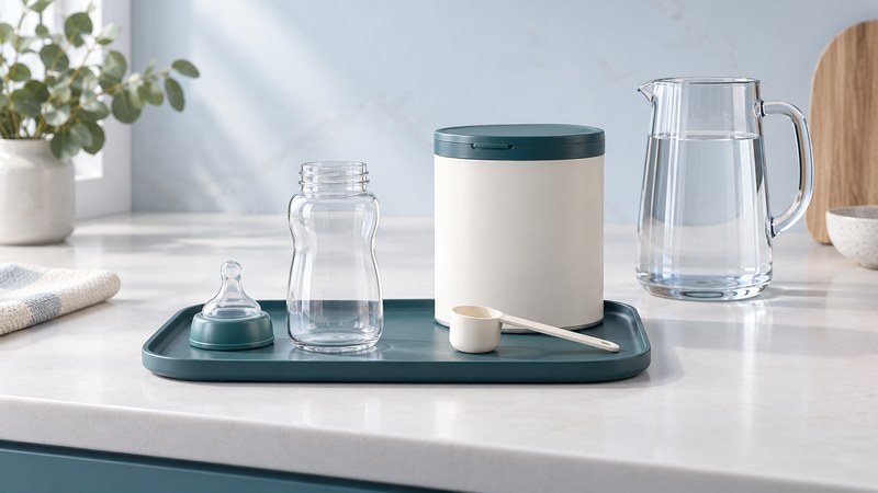 An empty feeding bottle, closed formula container, dry scoop, and water pitcher on a clean counter.
