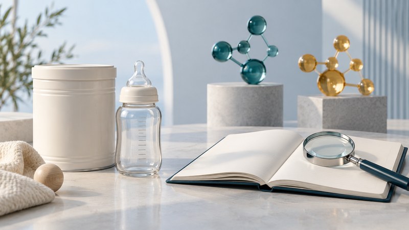 An unbranded formula container and bottle beside a research notebook and magnifying glass.