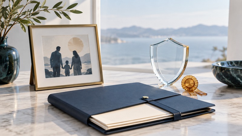 An abstract family picture, blank document folder, glass shield, and small rosette sit on an ivory table.