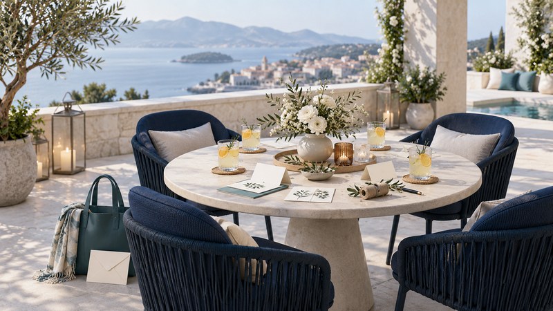 Four navy chairs around an ivory terrace table with citrus drinks, blank cards and simple craft materials.