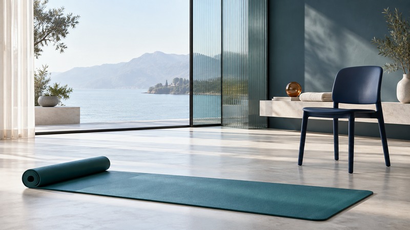 A teal mat lies in an open, quiet room beside a sturdy navy chair and folded towel.