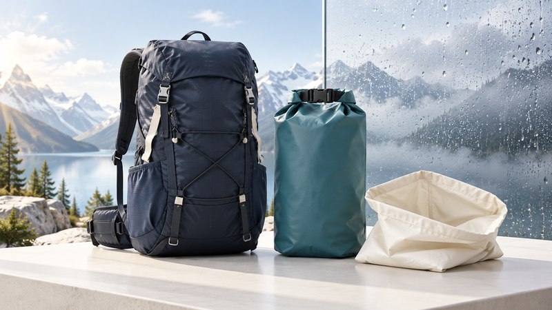 A navy backpack, teal roll-top dry bag and ivory liner beside a glass panel with rain droplets.