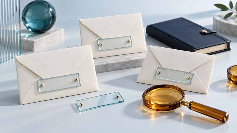 Three ivory envelopes have removable blank glass address plates beside a navy notebook and an amber lens.
