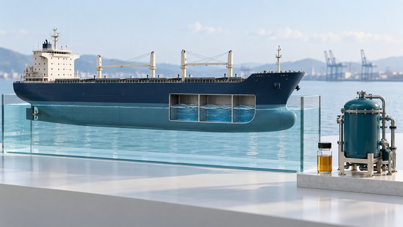 A conceptual cargo-ship cutaway shows separated ballast compartments beside a filter exhibit and sample vial.