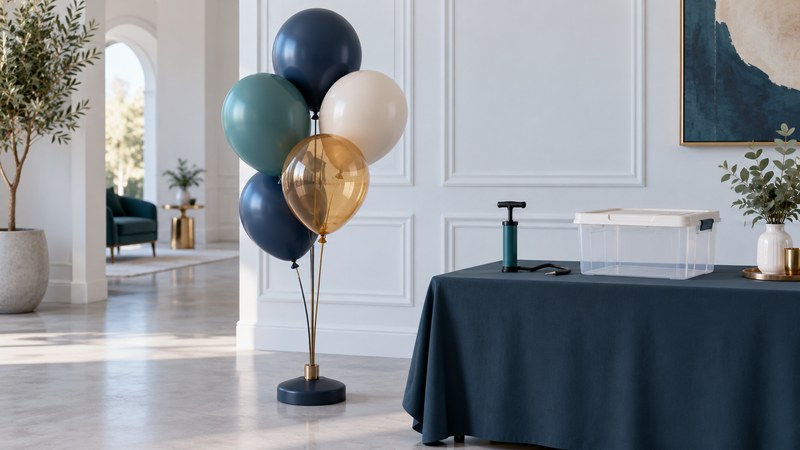 Five balloons on a freestanding support beside a table with a manual pump and lidded storage box.