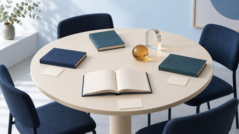 Four navy chairs around an ivory table with blank books, note cards, and an amber glass accent.