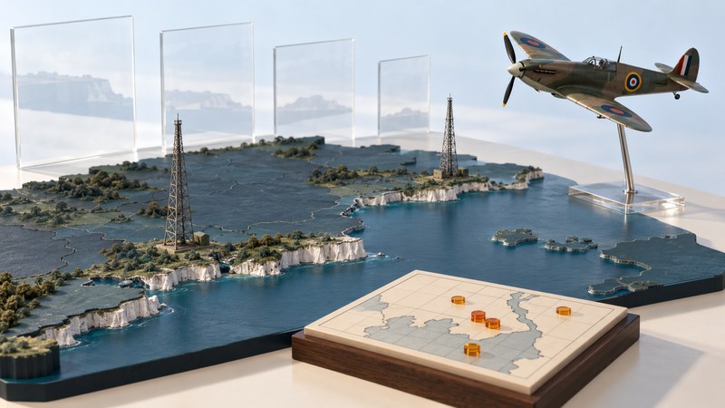 A museum-style display combines a miniature coastline, radar masts, operations board and fighter aircraft model.