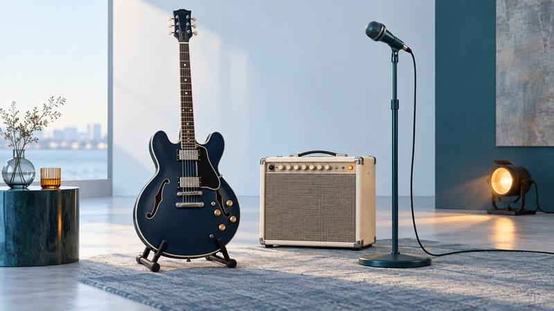 Navy semi-hollow electric guitar on a stand beside an ivory amplifier and teal microphone.