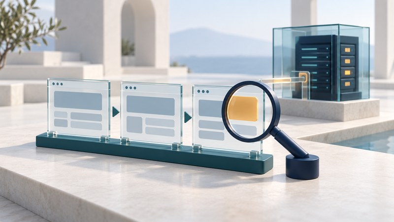 Three glass browser panels on a teal rail lead to an amber interruption examined by a navy lens beside a server model.