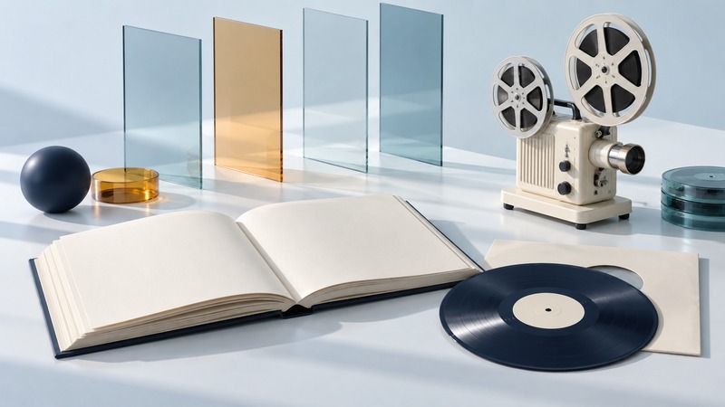 Open blank archive book, navy record, and ivory film projector beside translucent glass dividers.