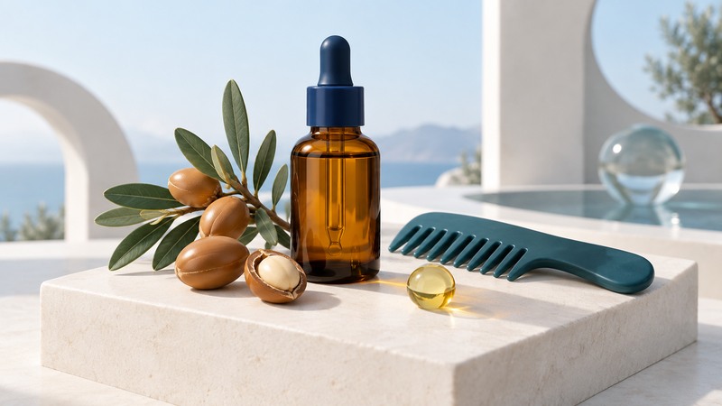 An amber cosmetic oil bottle beside argan nuts, a botanical branch and a teal comb.