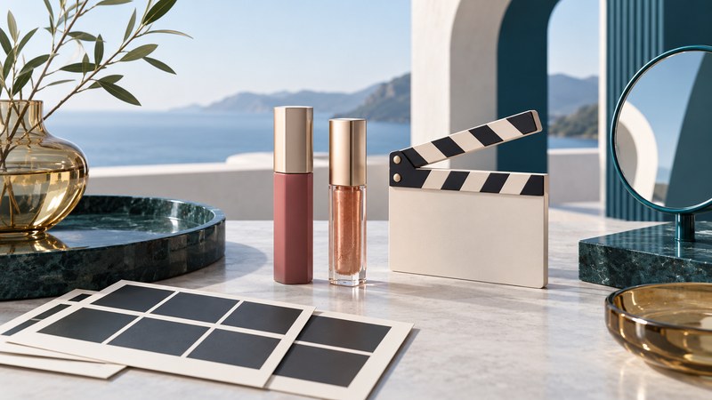 Lip-color tubes beside a small clapperboard and abstract contact sheets on navy and ivory display blocks.