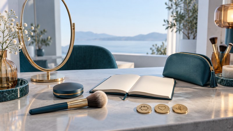 A mirror, makeup brushes, compact, notebook and small pouch arranged on ivory and teal shelves.