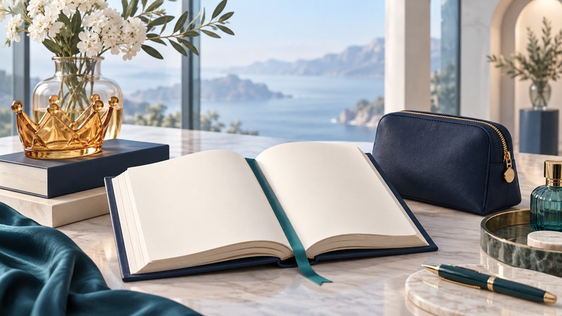 An open blank book with a teal bookmark beside an amber crown and a navy cosmetics pouch.