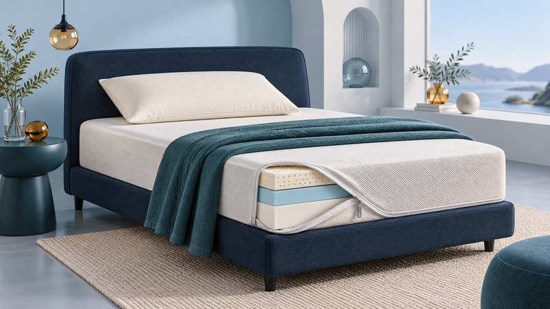 An ivory mattress encasement with its zippered corner opened to show the layers beneath a teal blanket.