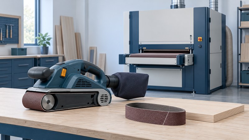 Illustration of a handheld belt sander beside a panel, with an enclosed wide-belt sander behind it.