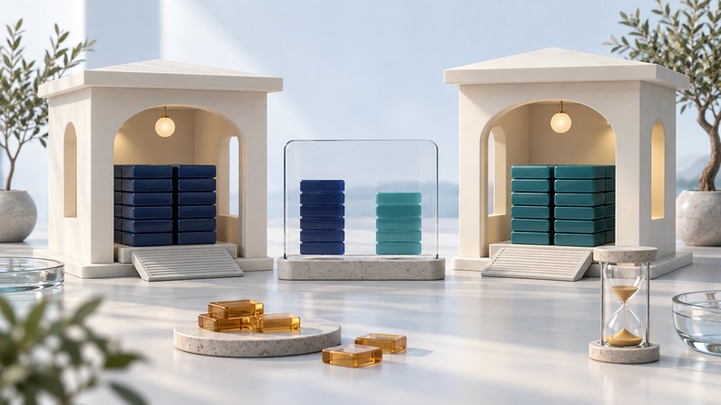 Two ivory pavilions hold navy and teal work tiles beside a glass comparison panel and amber transition pieces.